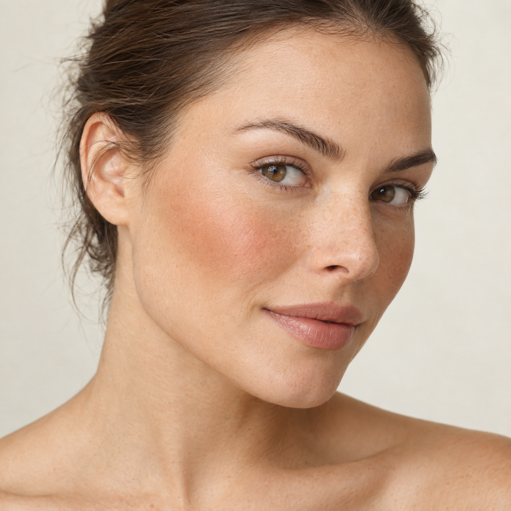 Face makeup styling close-up — AI illustration; shade appearance is illustrative