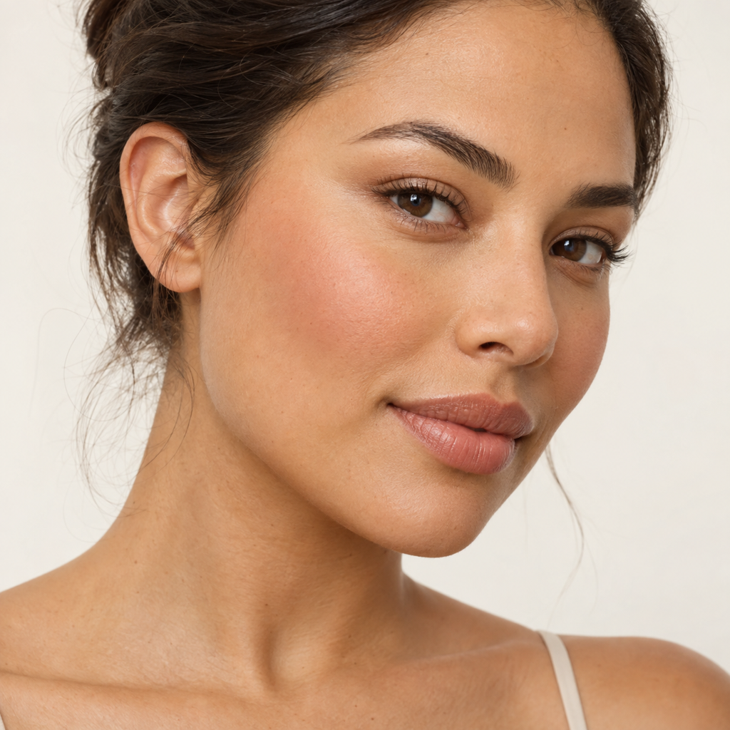 Face makeup styling close-up — AI illustration; shade appearance is illustrative