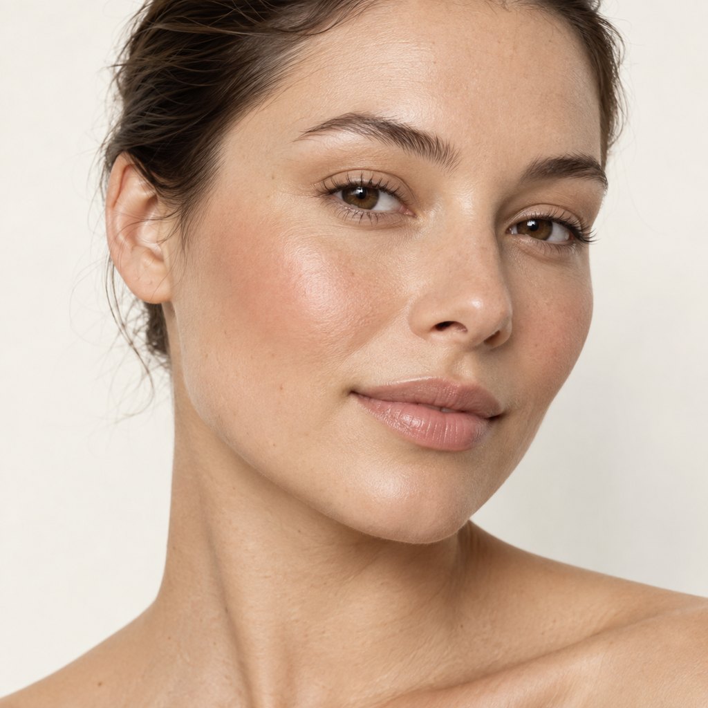 Face makeup styling close-up — AI illustration; shade appearance is illustrative