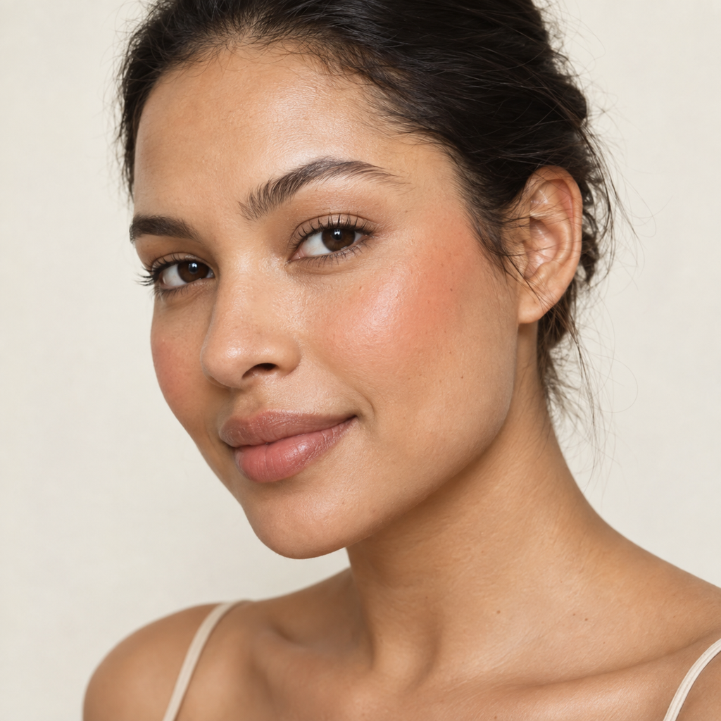 Face makeup styling close-up — AI illustration; shade appearance is illustrative
