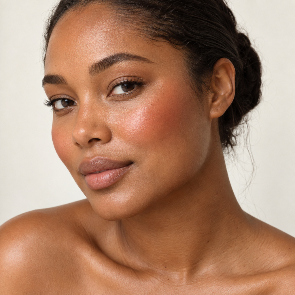 Face makeup styling close-up — AI illustration; shade appearance is illustrative