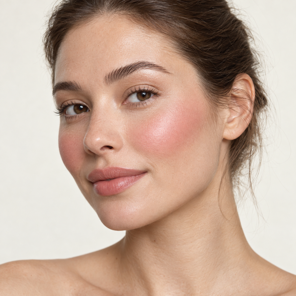 Face makeup styling close-up — AI illustration; shade appearance is illustrative