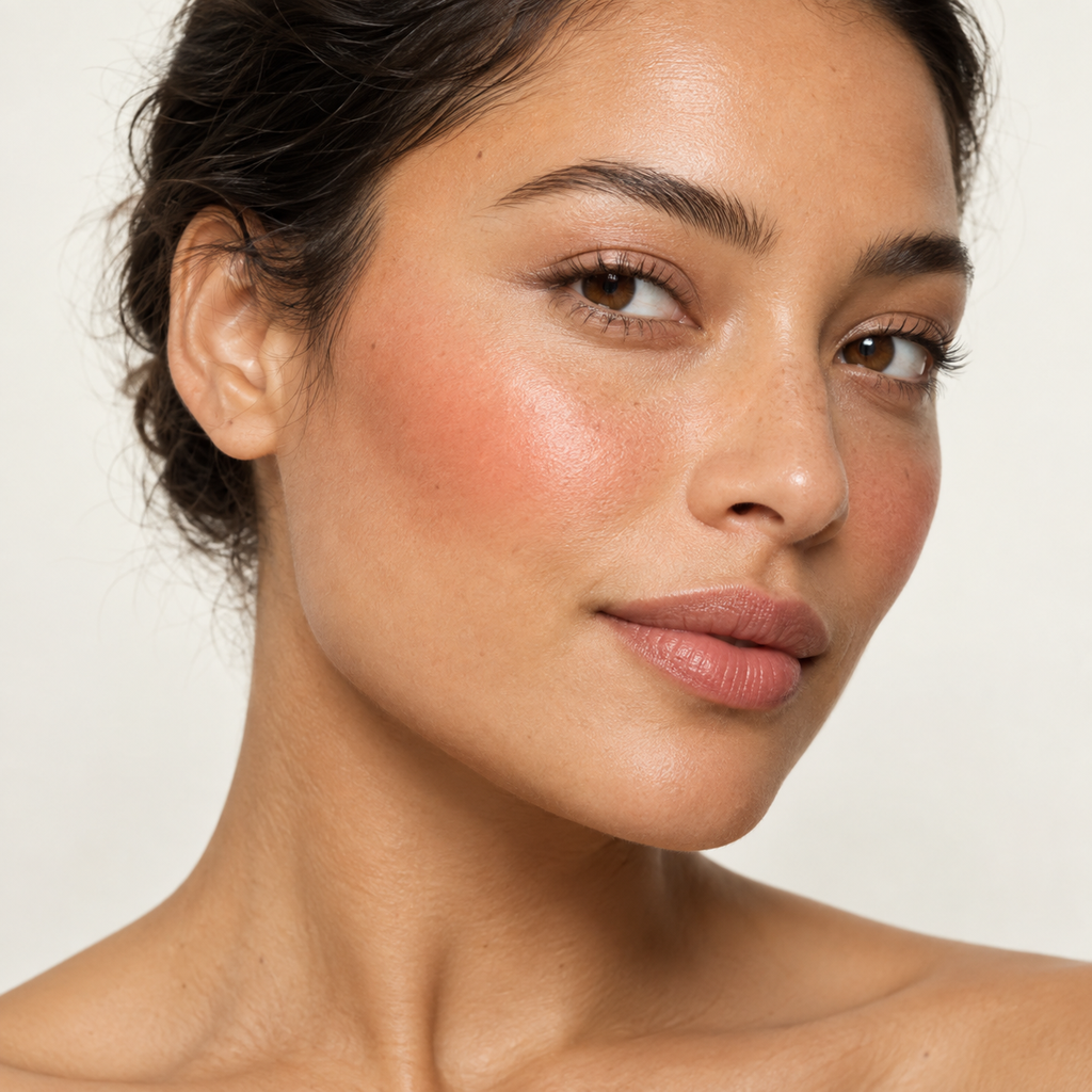 Face makeup styling close-up — AI illustration; shade appearance is illustrative
