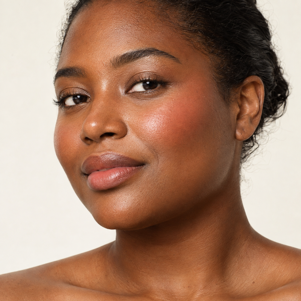 Face makeup styling close-up — AI illustration; shade appearance is illustrative