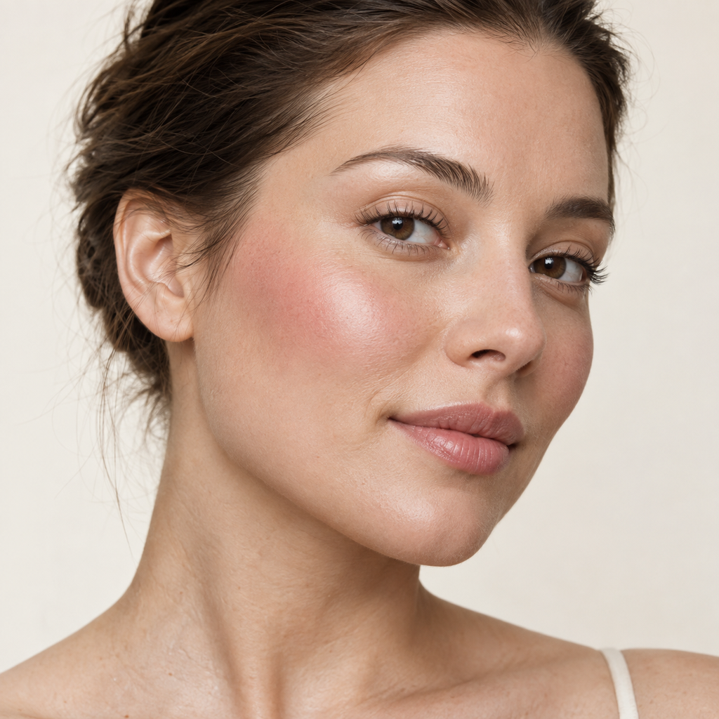 Face makeup styling close-up — AI illustration; shade appearance is illustrative