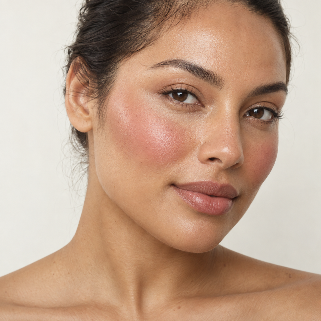 Face makeup styling close-up — AI illustration; shade appearance is illustrative