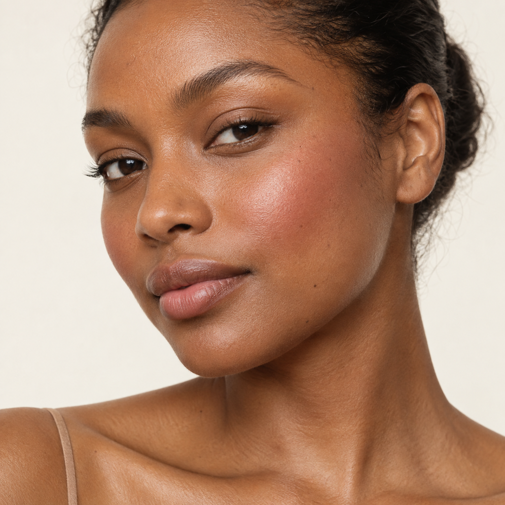 Face makeup styling close-up — AI illustration; shade appearance is illustrative