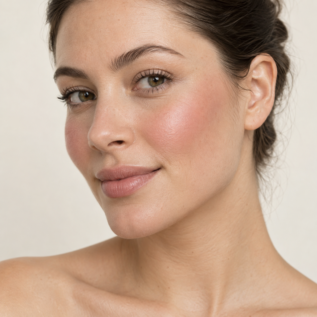 Face makeup styling close-up — AI illustration; shade appearance is illustrative