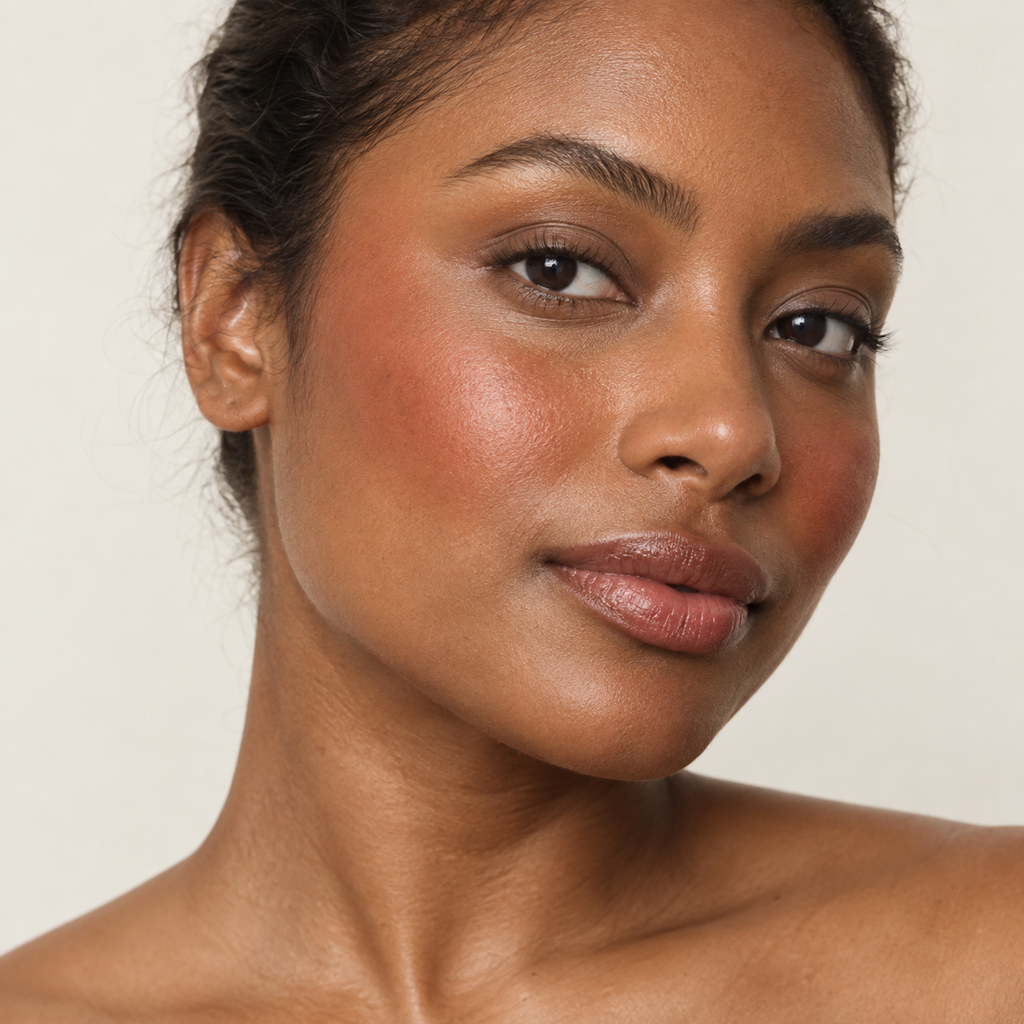 Face makeup styling close-up — AI illustration; shade appearance is illustrative