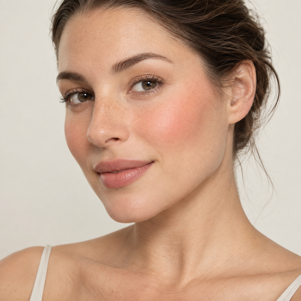 Face makeup styling close-up — AI illustration; shade appearance is illustrative