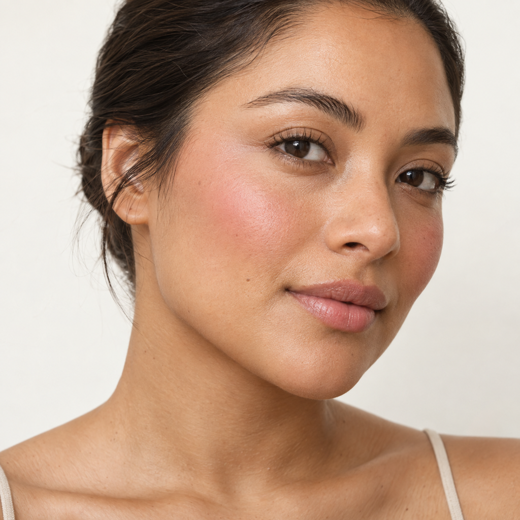 Face makeup styling close-up — AI illustration; shade appearance is illustrative