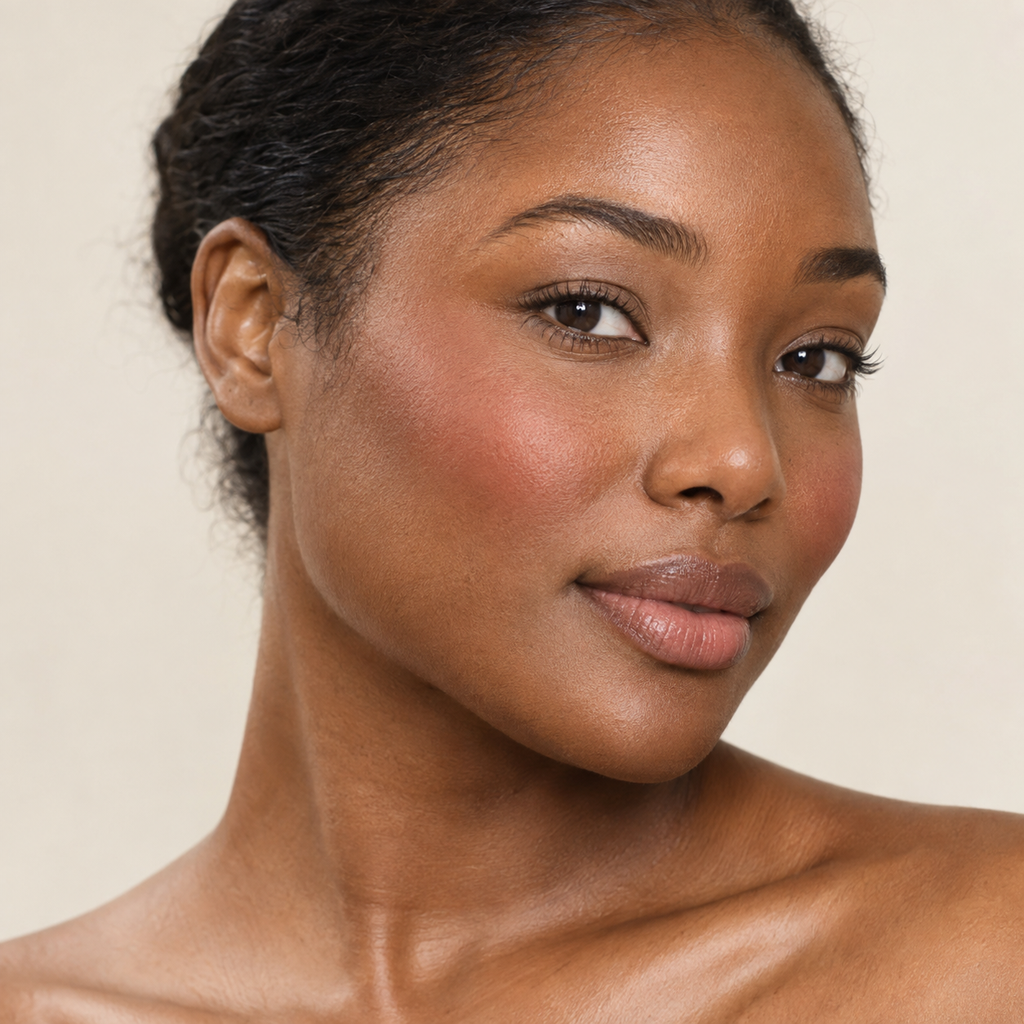 Face makeup styling close-up — AI illustration; shade appearance is illustrative