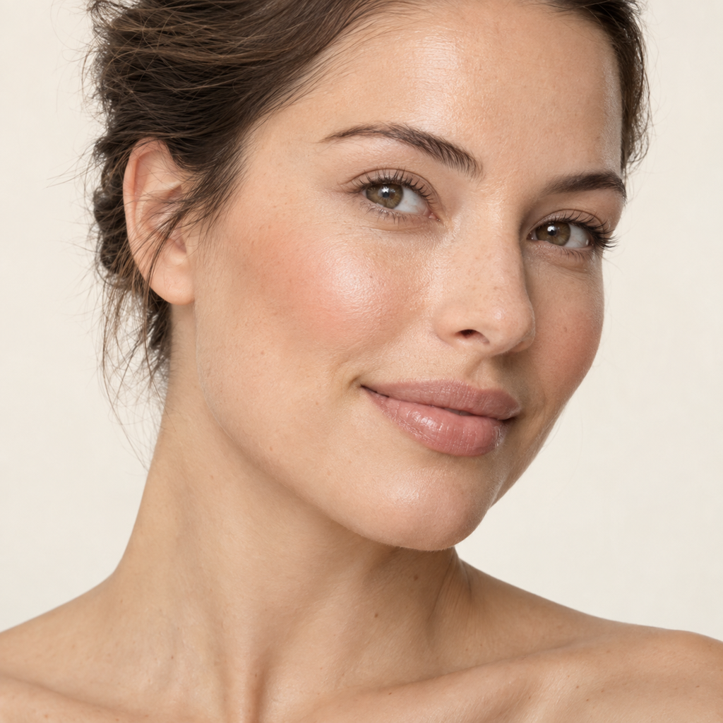 Face makeup styling close-up — AI illustration; shade appearance is illustrative