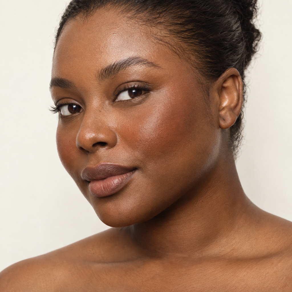 Face makeup styling close-up — AI illustration; shade appearance is illustrative