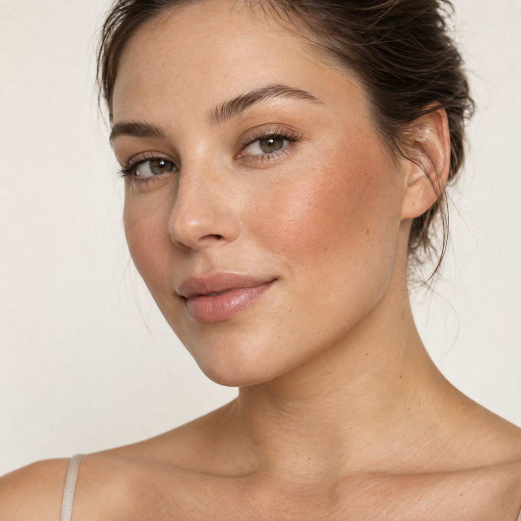 Face makeup styling close-up — AI illustration; shade appearance is illustrative
