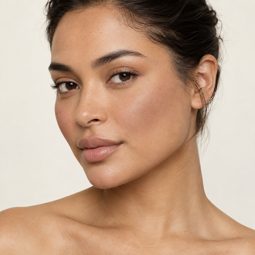 Face makeup styling close-up — AI illustration; shade appearance is illustrative