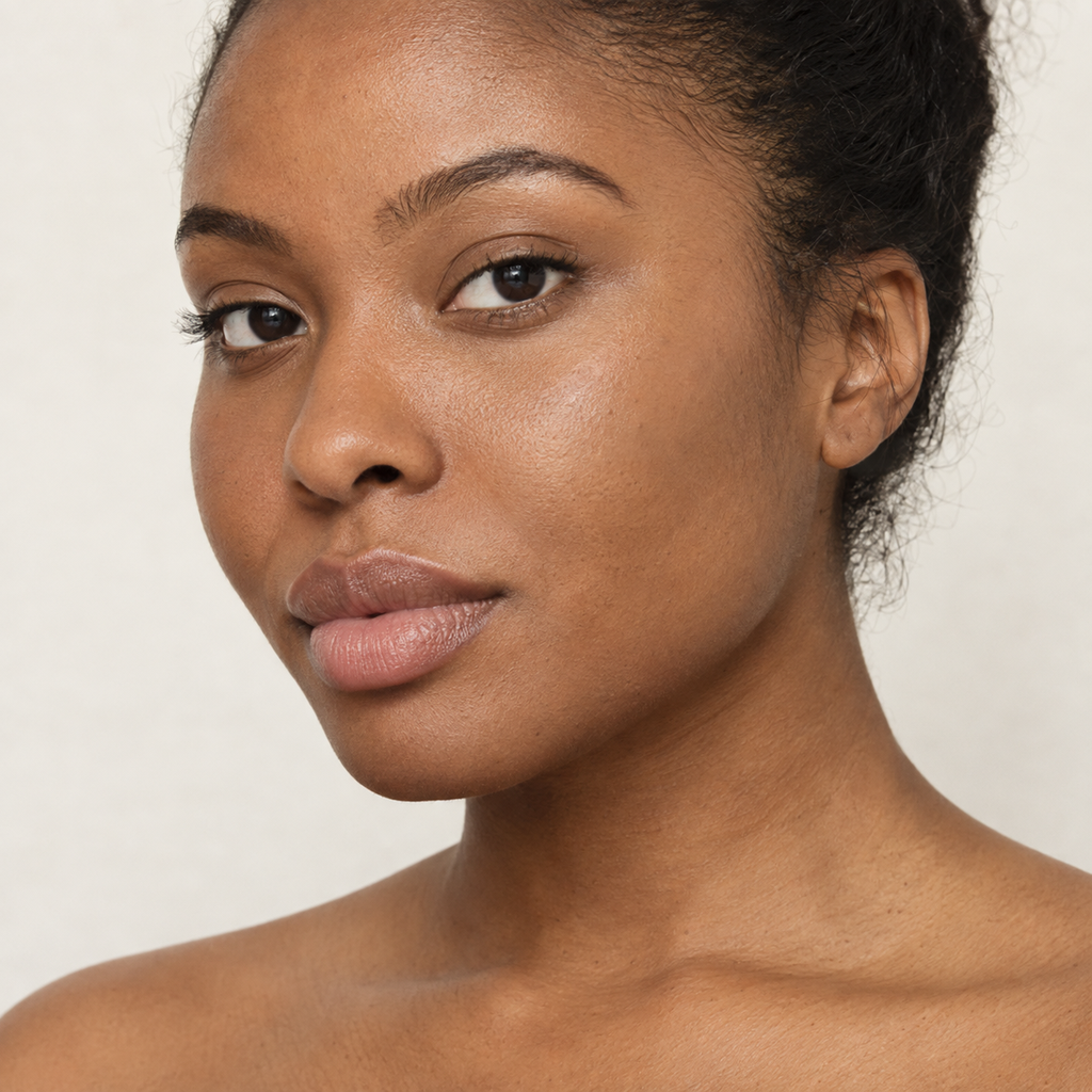 Face makeup styling close-up — AI illustration; shade appearance is illustrative