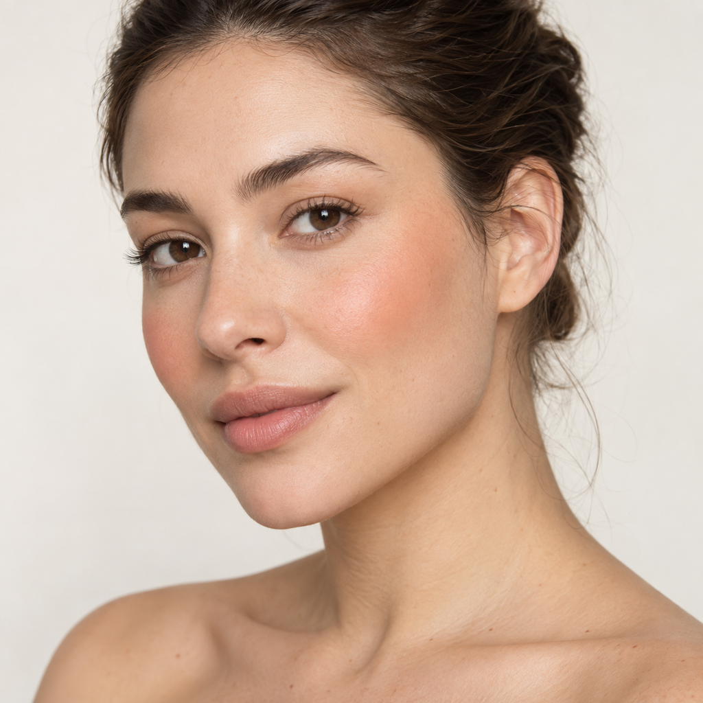 Face makeup styling close-up — AI illustration; shade appearance is illustrative